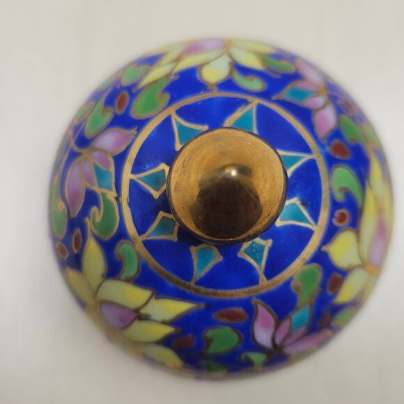 Authentic Thai Hand painted Trinket Jar Box with lid Enamel Flowers w/ Gold Trim - Picture 5 of 7